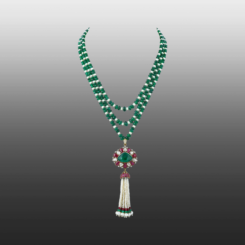 Tri-Layered Emerald and Pearl Necklace with Tassel Pendant